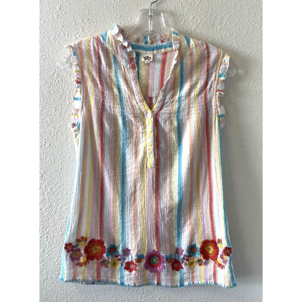 Ivy Jane Women's Top XS Fresh Air Stripe Floral Embroidered Metallic Beachy Boho